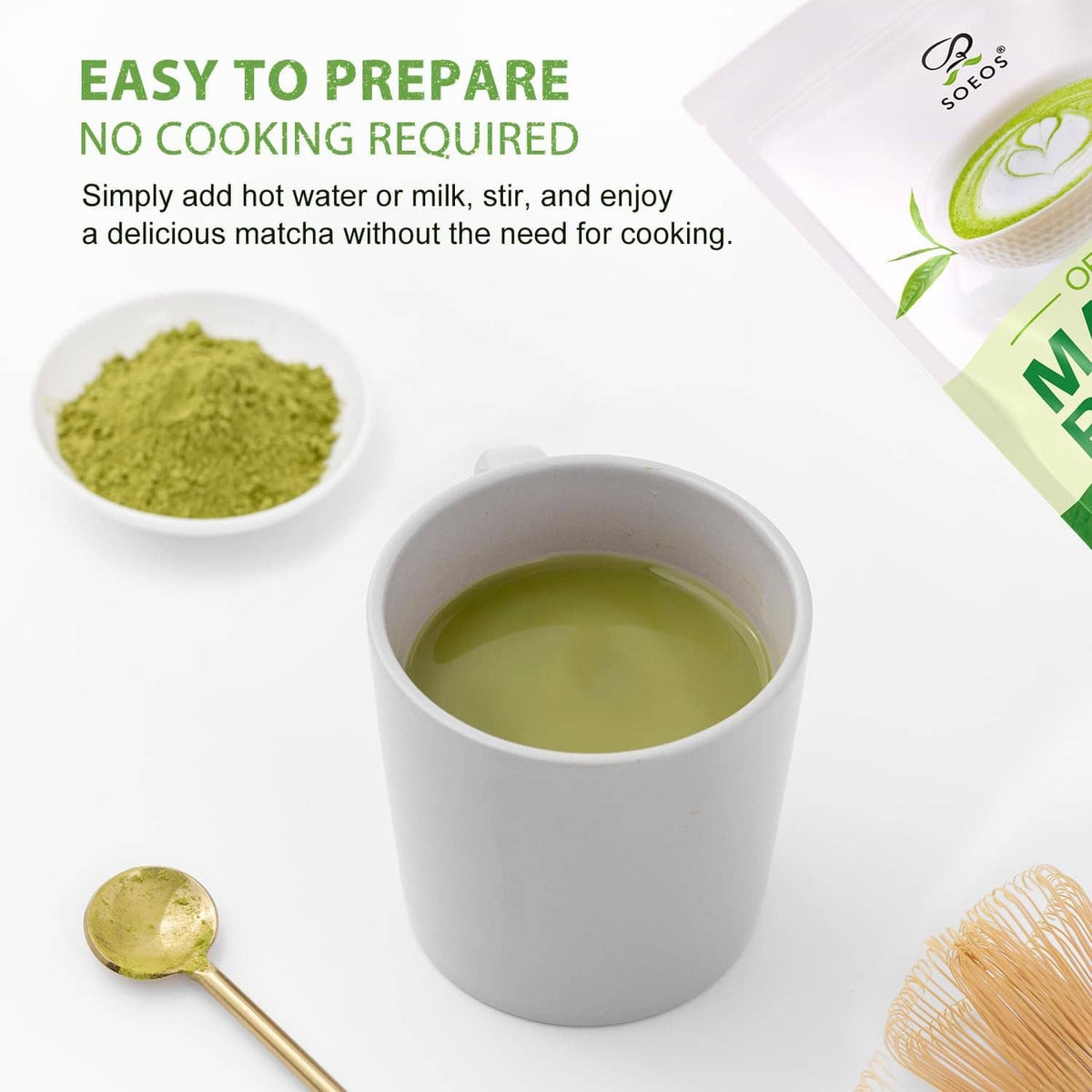 Cup of green matcha with matcha powder spoon and partial Soeos Organic Matcha Powder pouch