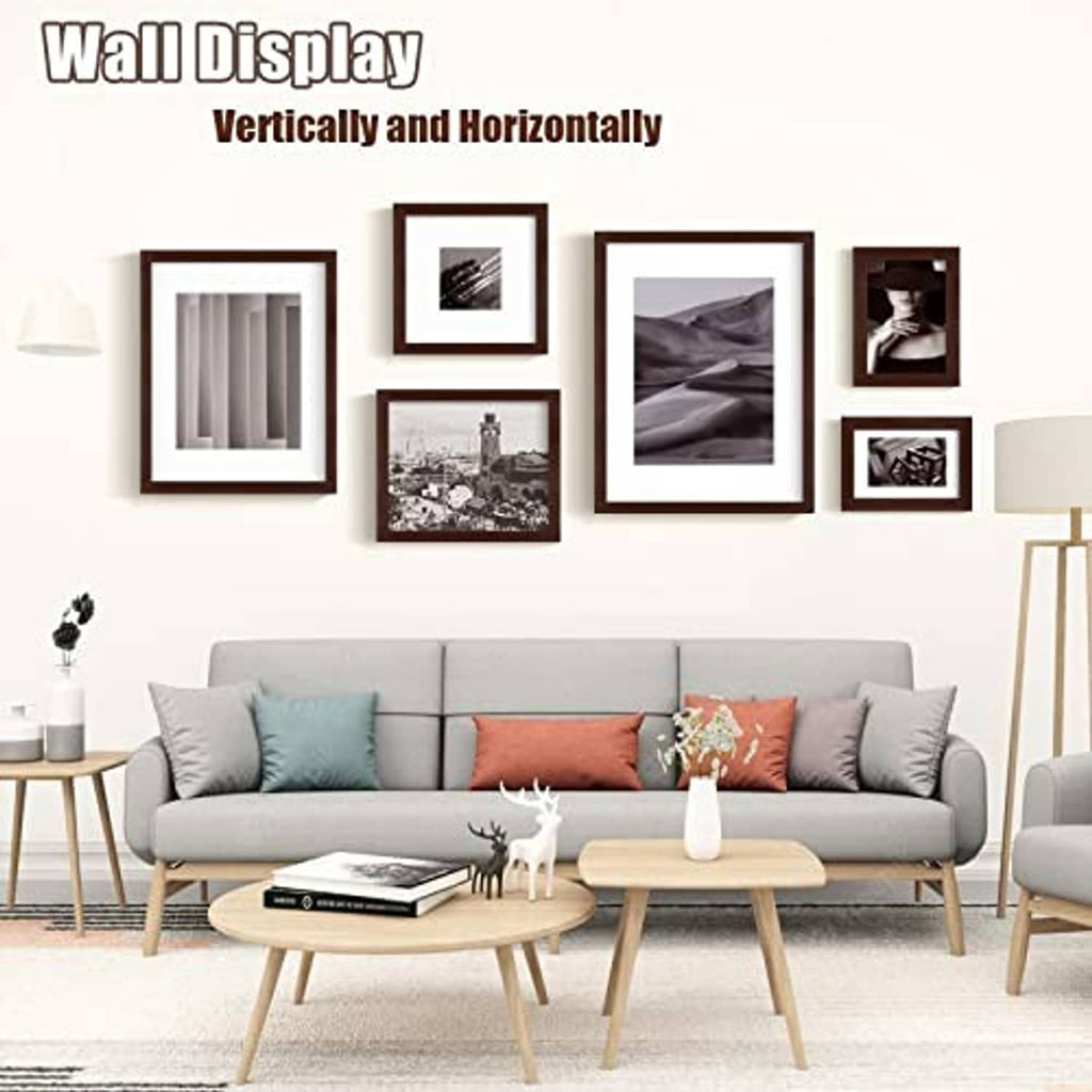 Walnut wood picture frames with white mats for vertical or horizontal wall display