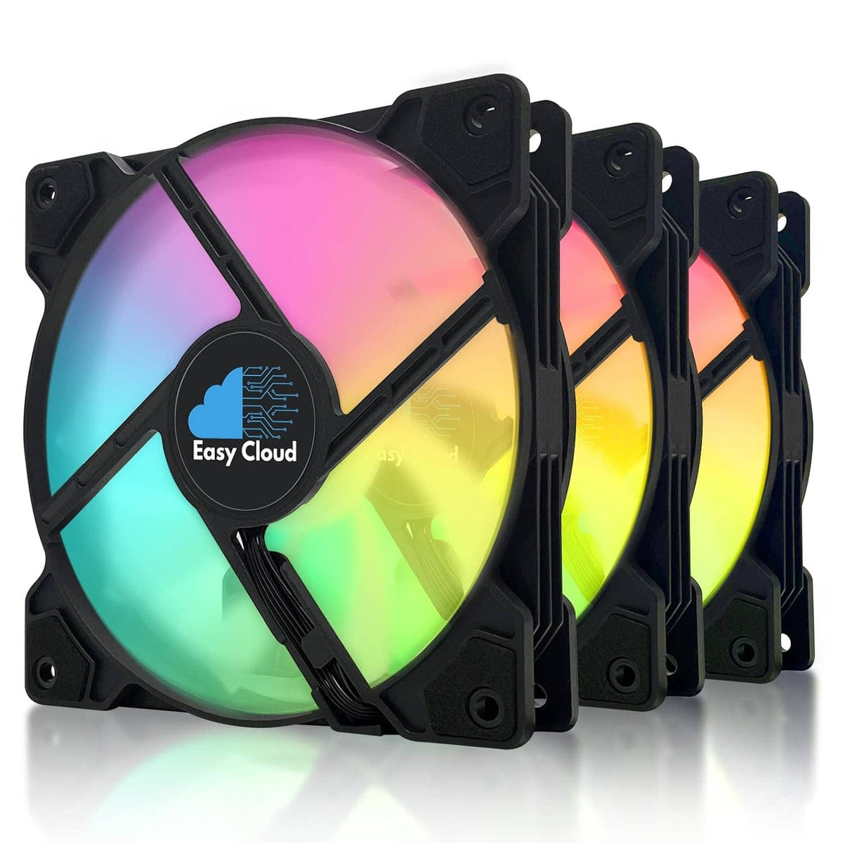 120mm ARGB PWM computer case fan set with rainbow multicolor LED blades