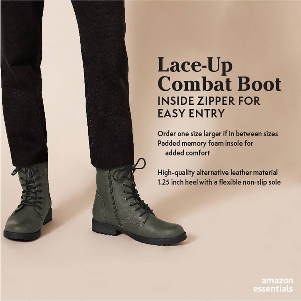 Lace-up combat boot with side zipper and treaded lug sole