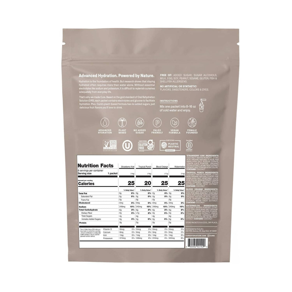 Electrolyte drink mix pouch back panel with nutrition facts and ingredient info