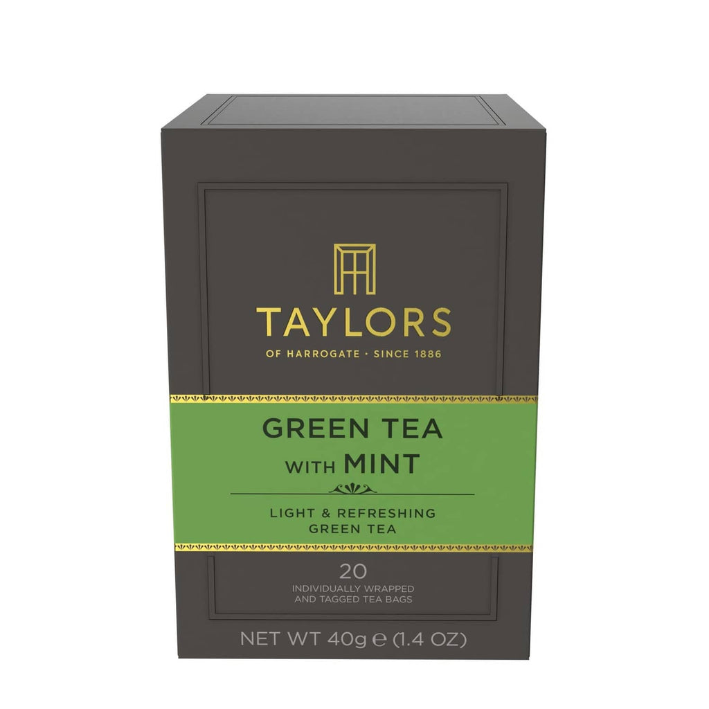 Taylors green tea with mint tea box with 20 individually wrapped tag bags