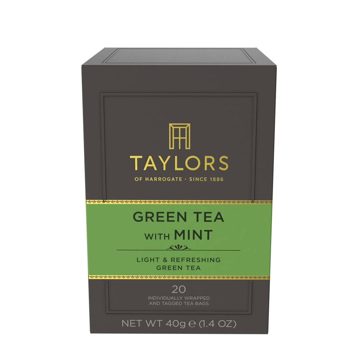 Taylors green tea with mint tea box with 20 individually wrapped tag bags