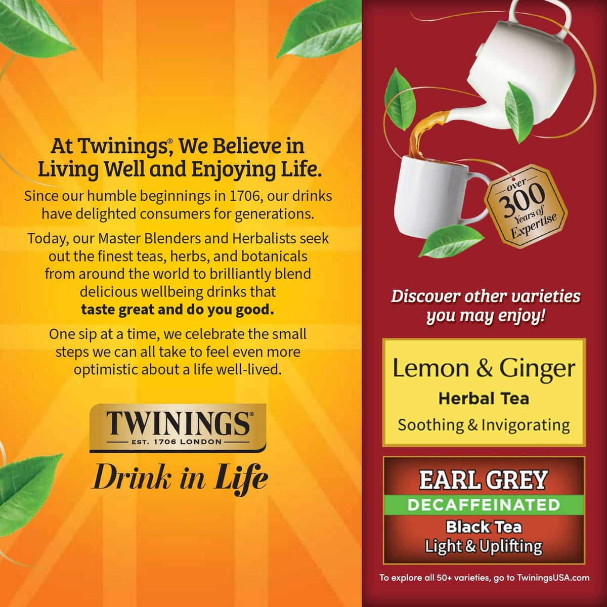 Twinings tea box side panel with tea varieties display and leaf accents
