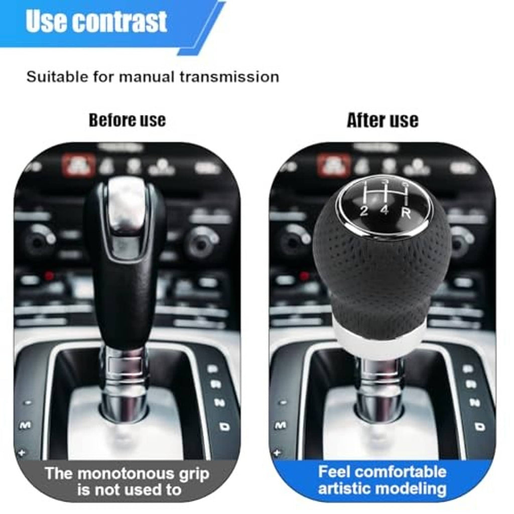 Perforated black leather 5-speed shift knob with chrome gear dial on manual shifter