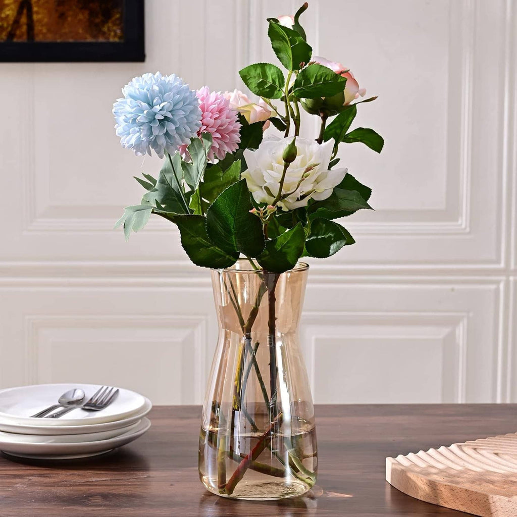 Iridescent crystal glass flower vase, clear with gold tint, flared rim for flower stems