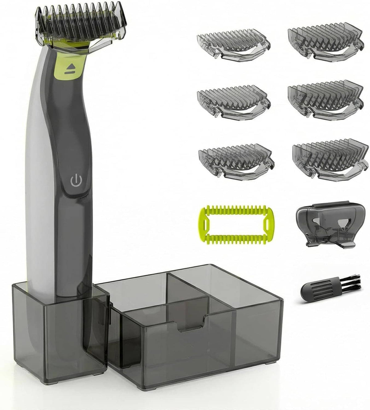 Trimmer guard kit with 6 guide combs, green guard, and storage case.
