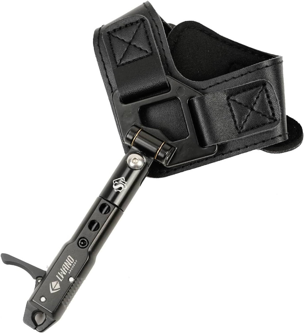 Black adjustable wrist release aid with metal trigger and stitched strap panels