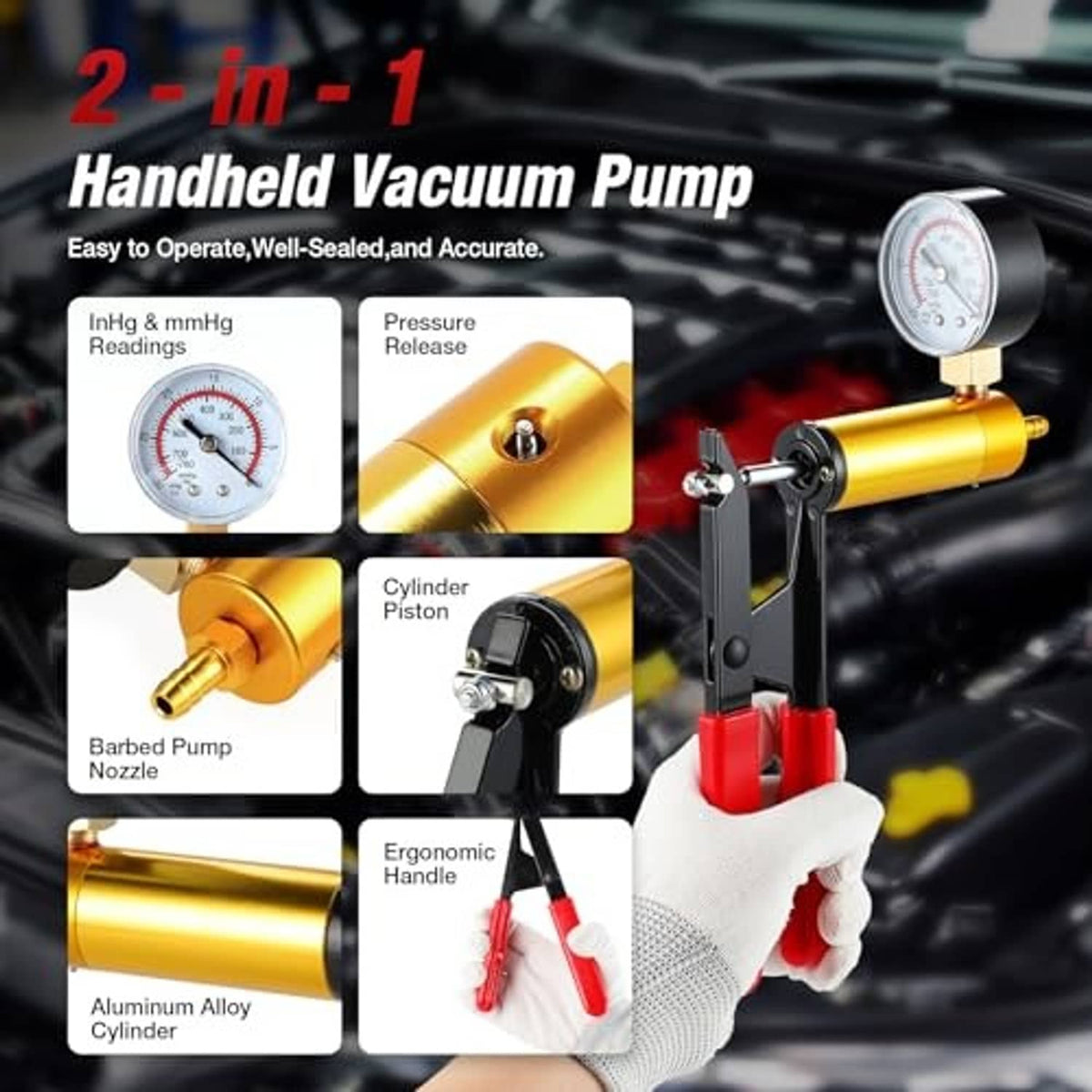 Gold handheld vacuum pump with pressure gauge and ergonomic handle