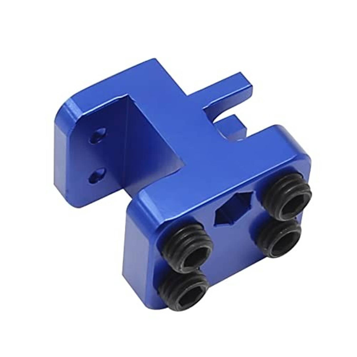 Blue motorcycle chain link press tool with two black roller heads and mounting holes
