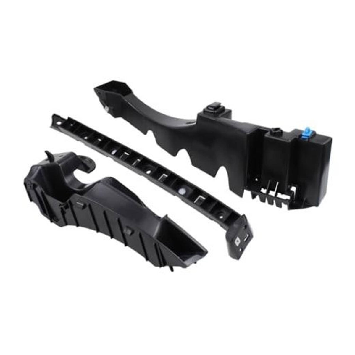 Black rear driver-side bumper bracket set with mounting tabs and connector clips