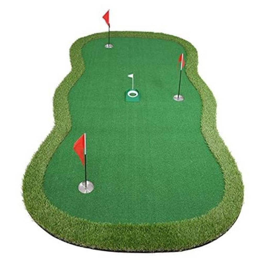 Large green putting green practice mat with four pin flags and a cup insert