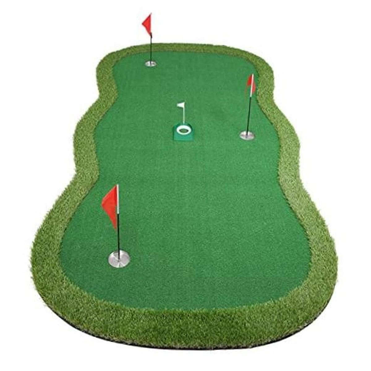 Large green putting green practice mat with four pin flags and a cup insert