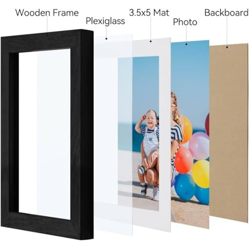 Black picture frame components: wooden frame, plexiglass, 3.5x5 mat, backboard photo