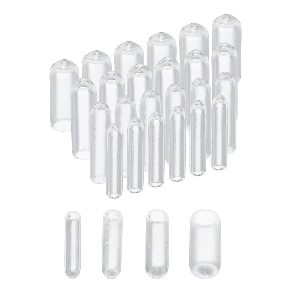 Clear round rubber end caps assortment, transparent cylindrical tips, 100 pcs