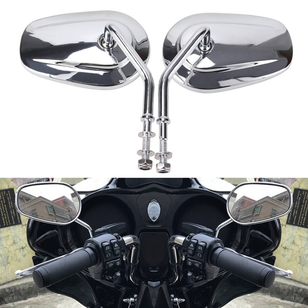 Chrome teardrop rearview mirrors with curved arms and threaded adjustment bolts