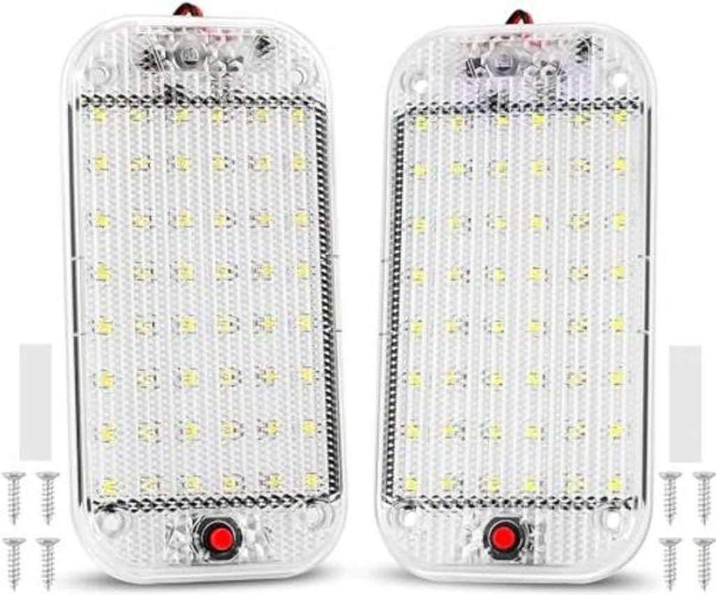 Two LED dome ceiling lights with clear white casing, visible red circular switch