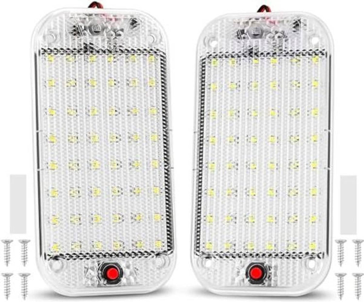 Two LED dome ceiling lights with clear white casing, visible red circular switch