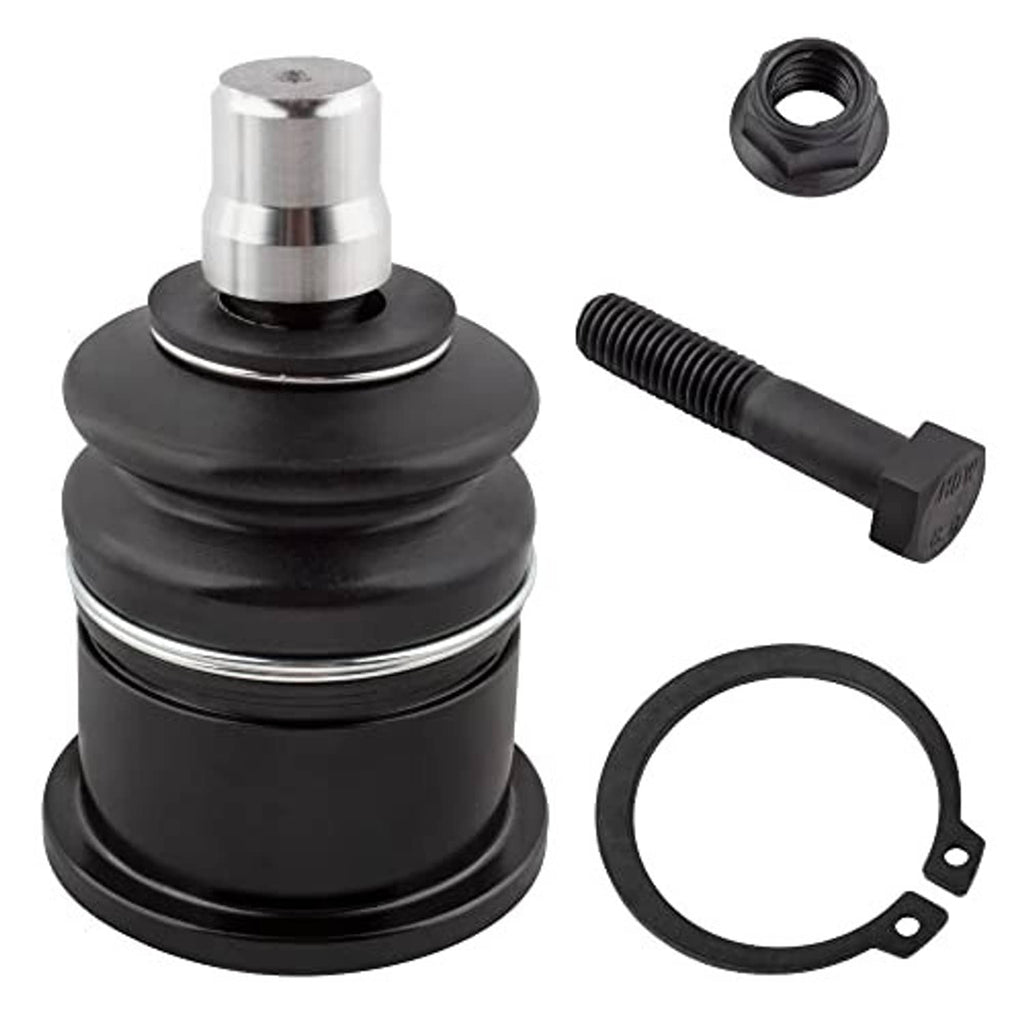 Front upper ball joint with black rubber boot, silver stud, plus retaining ring and bolt