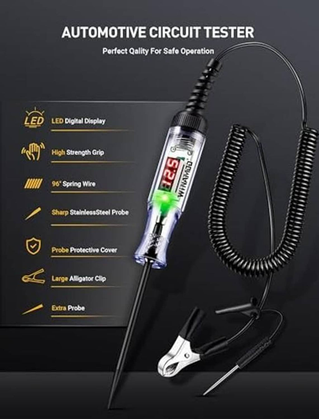 Automotive circuit tester with LED digital display, spring wire cord, and alligator clip