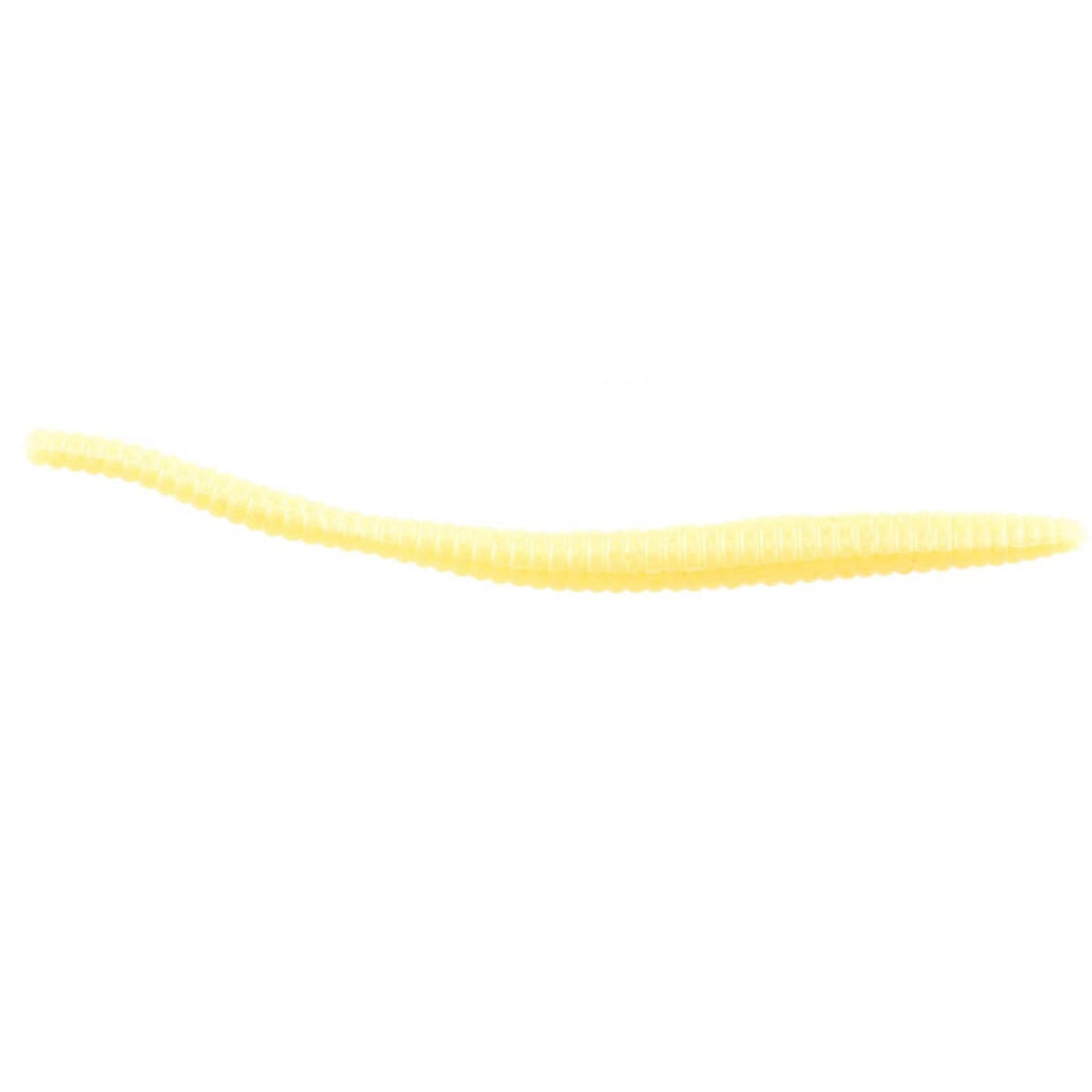 Berkley Powerbait floating trout worm, pale yellow soft plastic worm strand