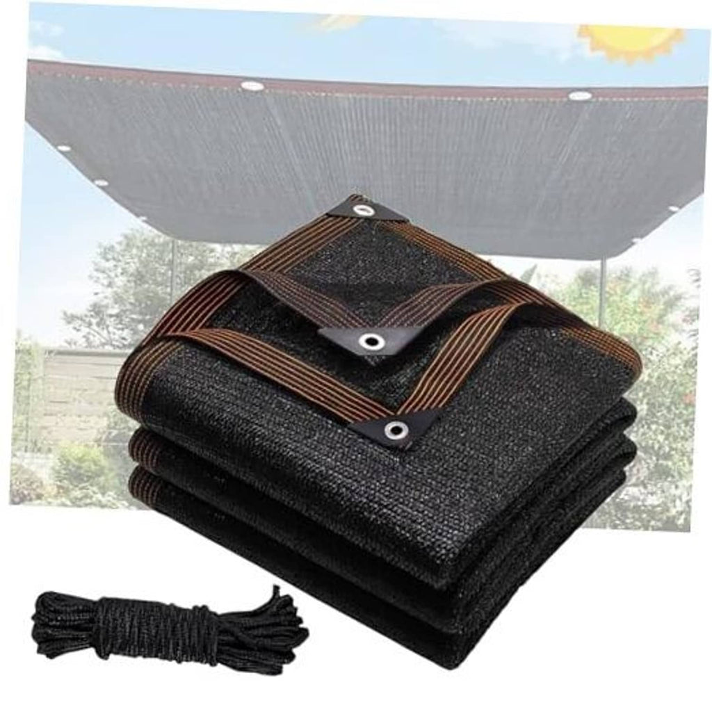 Black shade cloth sail mesh panel with reinforced grommets and brown binding straps