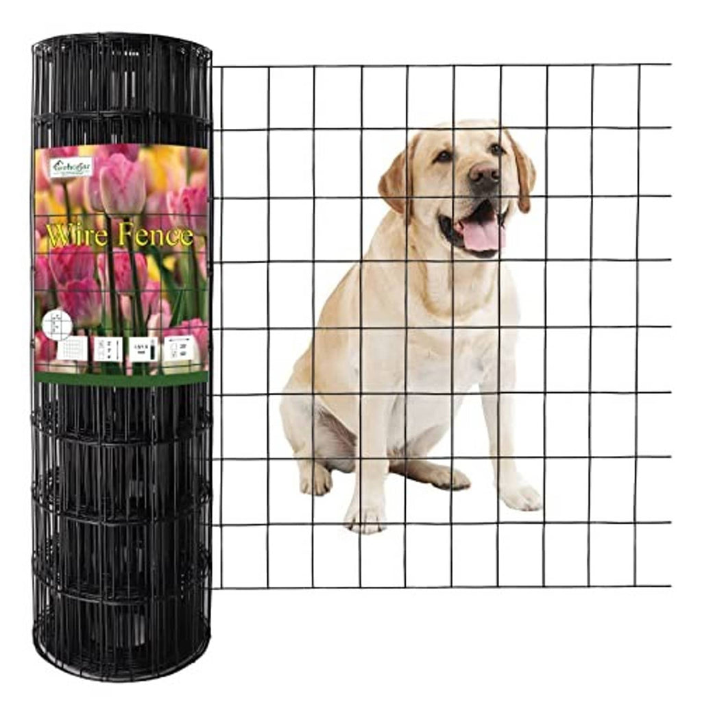 Black PVC-coated welded wire fence roll showing 2 in x 3 in square mesh