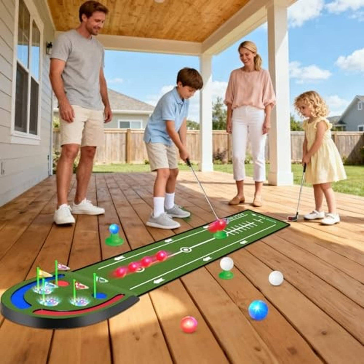 Kids golf putting mat on wooden floor with balls and multiple green cup holes