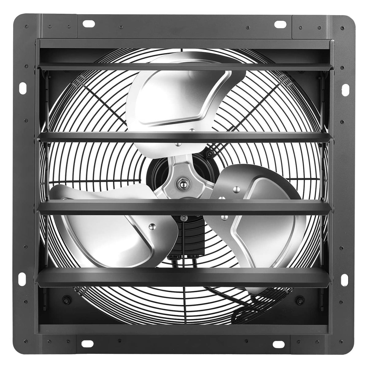 Wall-mount exhaust fan with circular metal grille and visible fan blades