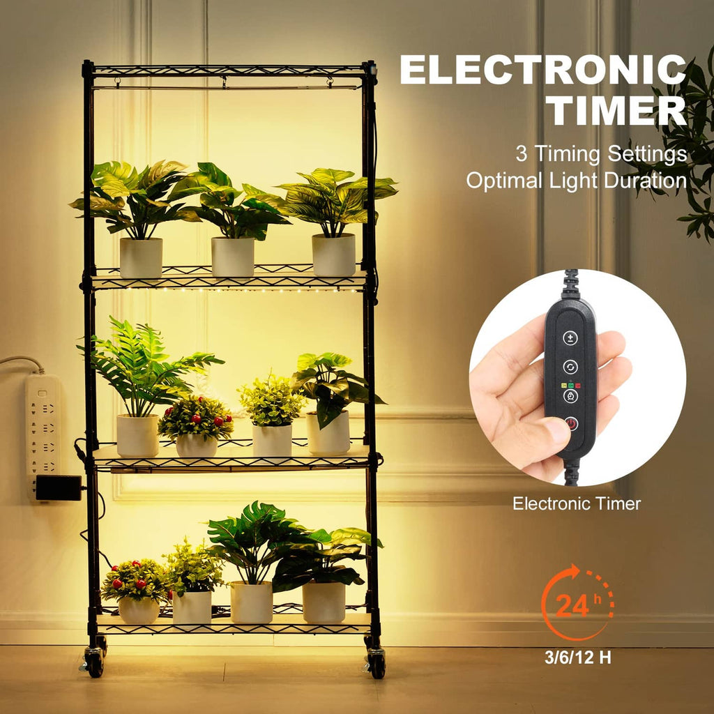 4-tier plant stand with electronic timer controller and indoor plants under warm grow light