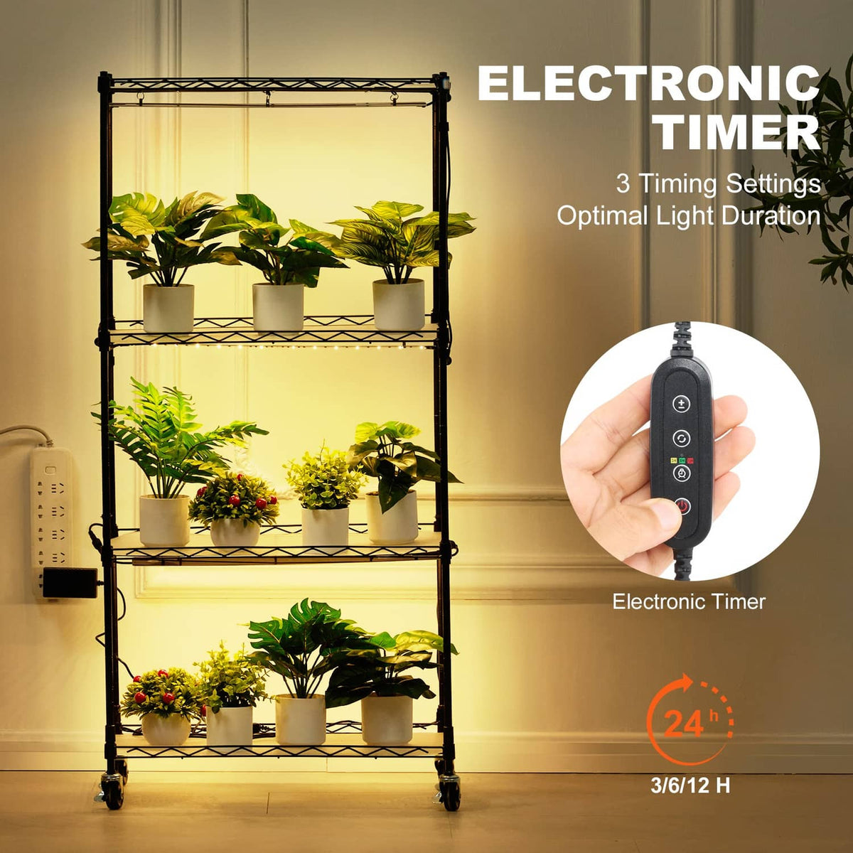4-tier plant stand with electronic timer controller and indoor plants under warm grow light