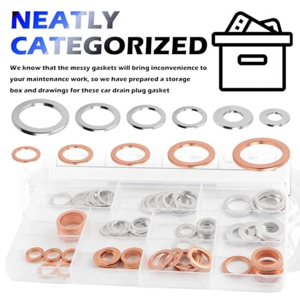 Neatly sorted oil drain plug gasket washers in compartments, copper and silver rings