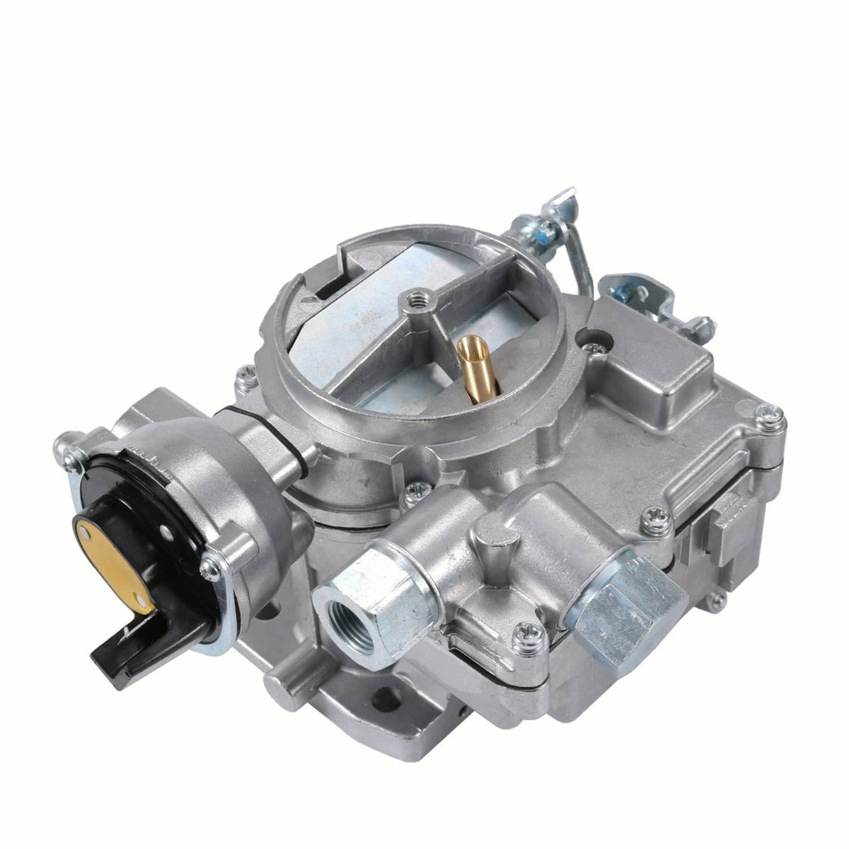Marine carburetor assembly with intake throat, linkage mount, and aluminum housing