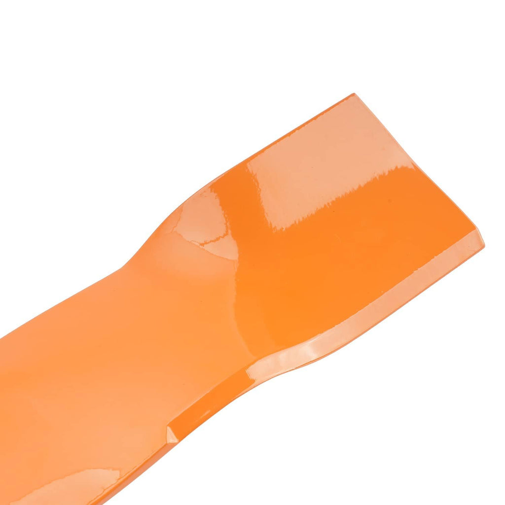 Close-up of orange mower deck blade corner and cutting edge