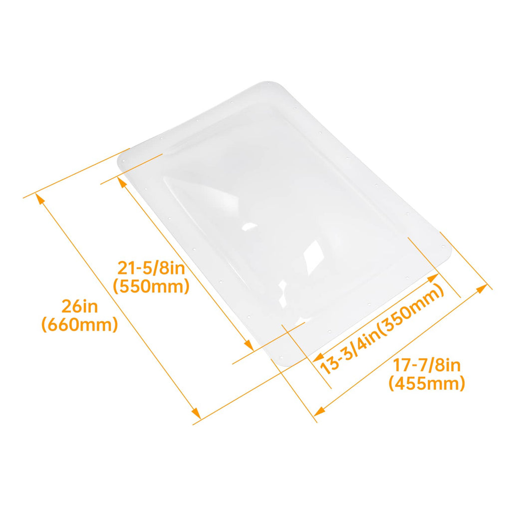 Clear RV skylight cover with size markings, rectangular dome bubble top, 18 x 26 in