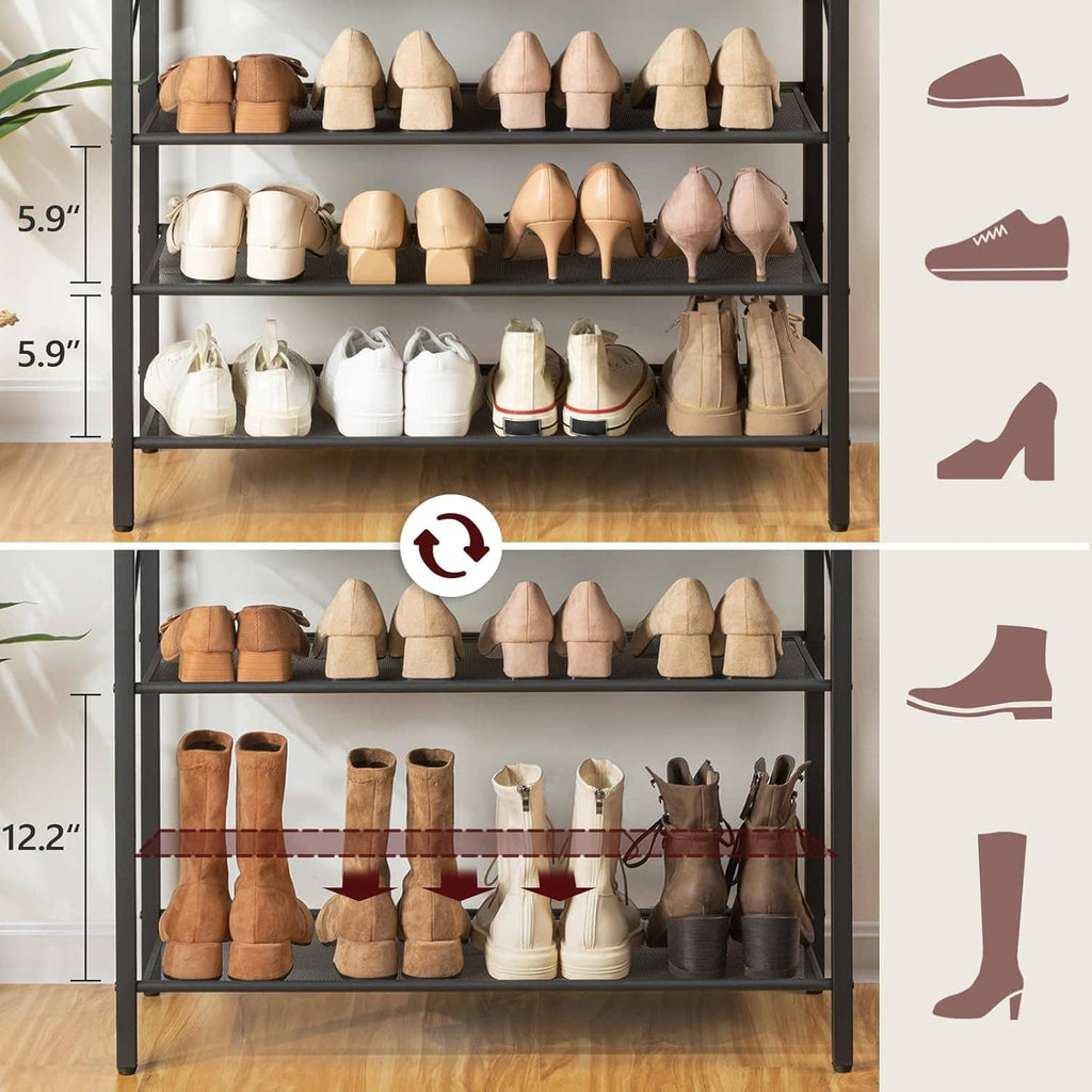 Open 10-tier shoe rack organizer with gray shelves holding pairs of shoes and boots.
