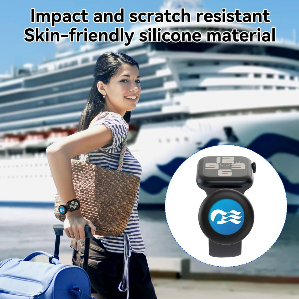 Blue wave medallion watch adapter worn on wrist, gray case with round logo