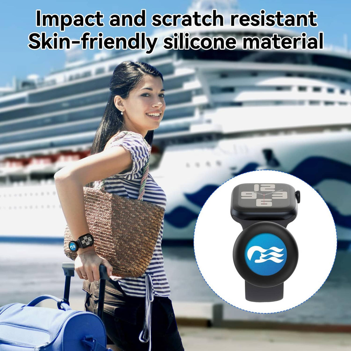 Blue wave medallion watch adapter worn on wrist, gray case with round logo