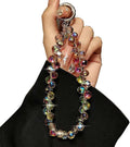 Crystal beaded phone wrist strap with rainbow iridescent beads and metal key ring clasp