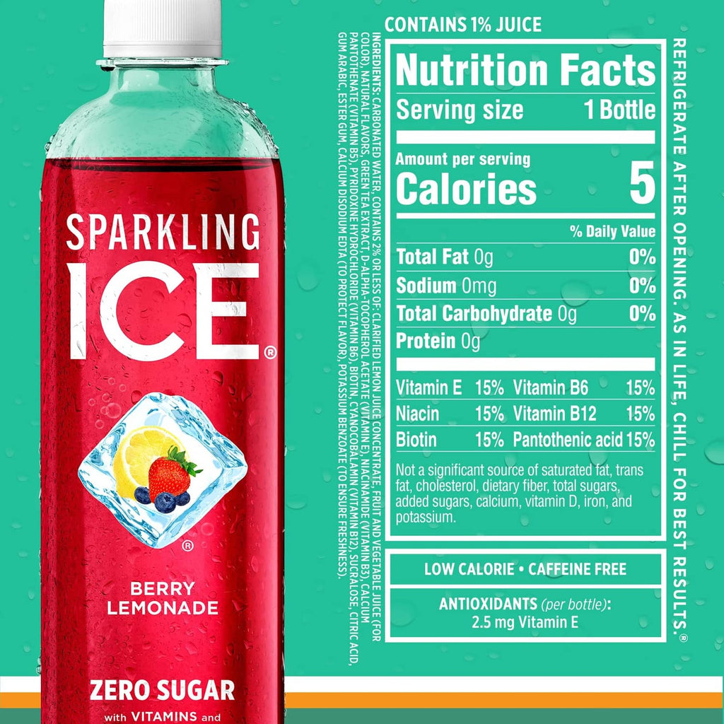 Sparkling Ice berry lemonade zero sugar bottle with nutrition facts panel