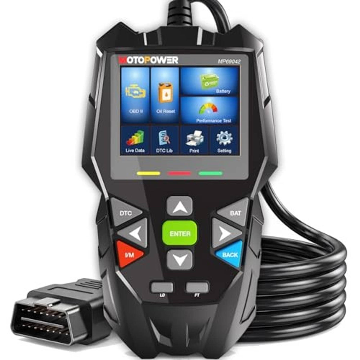 Car OBD diagnostic scan tool with MOTOPOWER color screen, navigation buttons and OBD connector