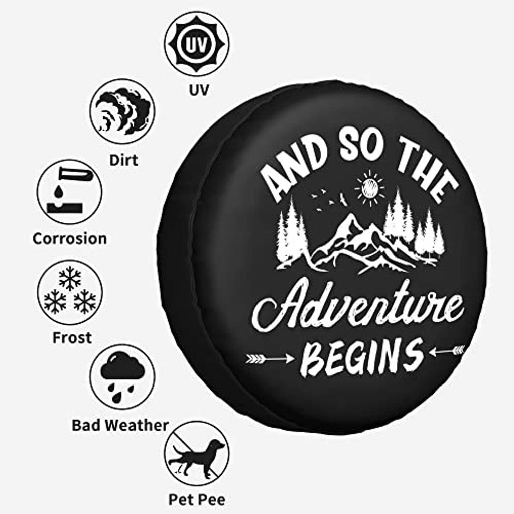 Black spare tire cover with UV, dirt, frost, and bad weather protection icons
