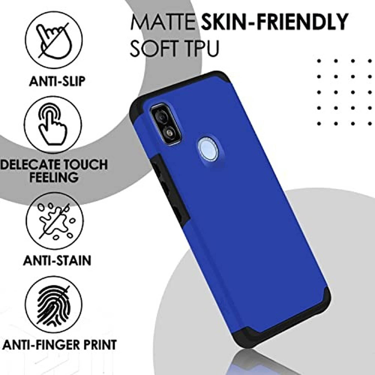 Blue matte, soft TPU rugged phone case with anti-slip and anti-fingerprint features.