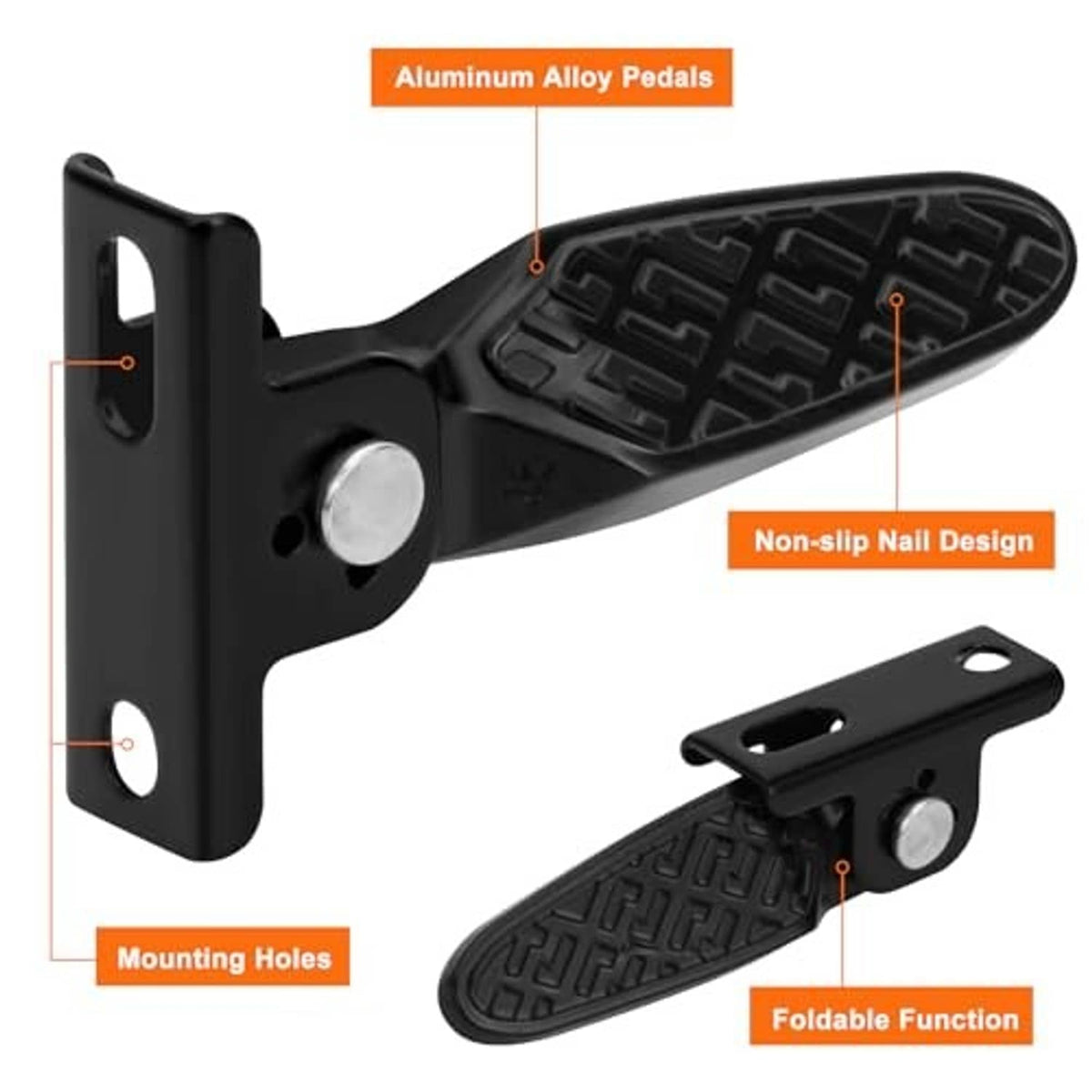 Black foldable scooter foot pegs with textured tread, mounting holes and metal pedal