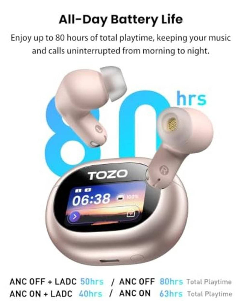 Pink wireless earbuds with charging case, earbuds angled outward