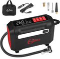 Portable 12V tire inflator air compressor with LCD screen, clamp, and nozzle adapters.
