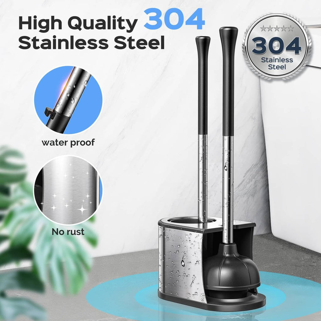 Toilet plunger and brush set with stainless holder and two black handles, rounded heads