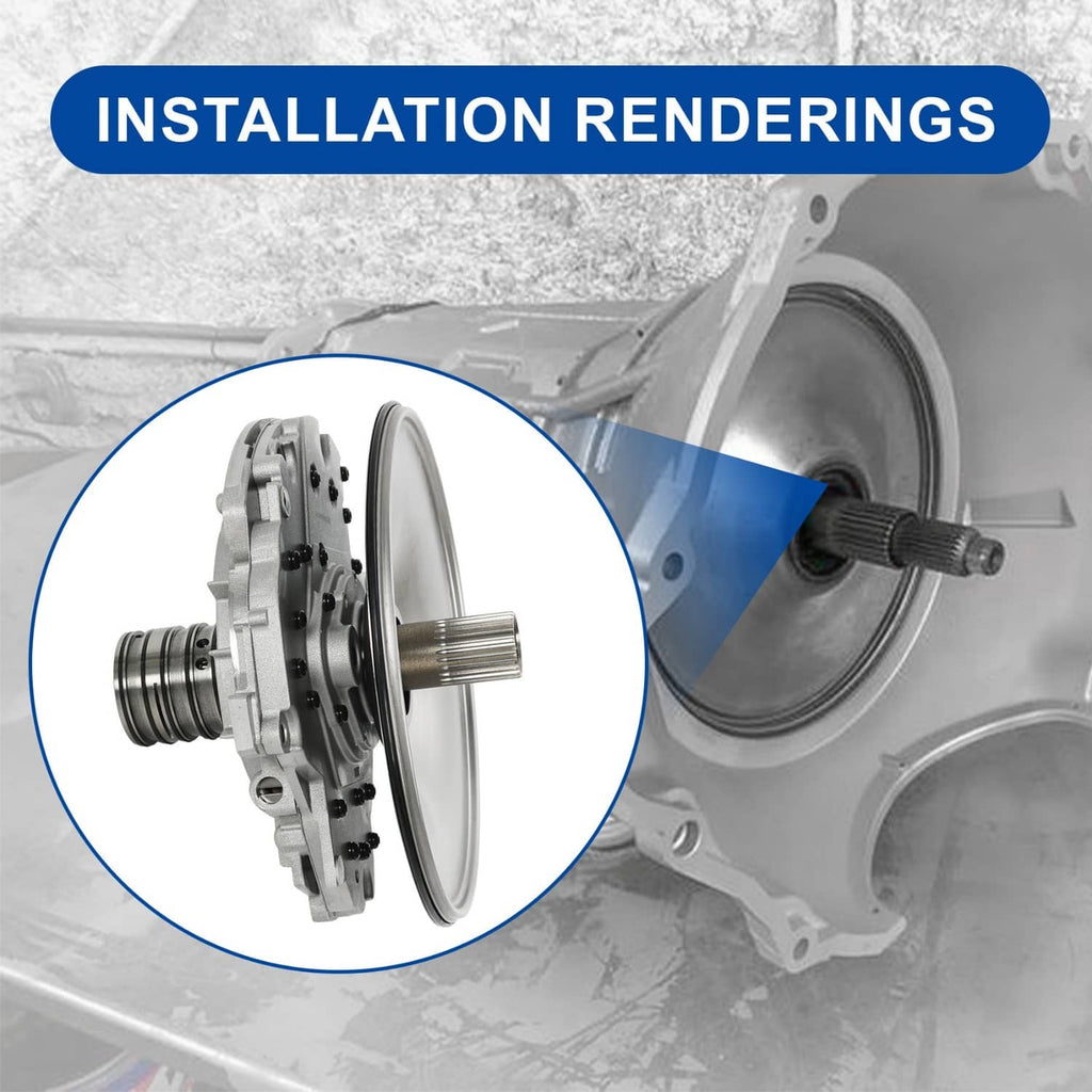 Transmission pump installation rendering with pump aligned to transmission housing