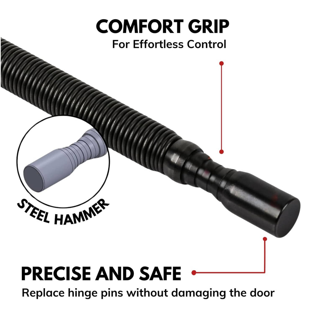 Comfort-grip hinge pin punch tool with black spiral spring shaft and steel hammer end