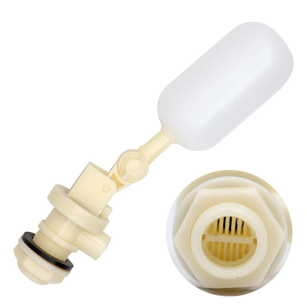 Float ball valve with white float, cream fittings, and visible threaded connection